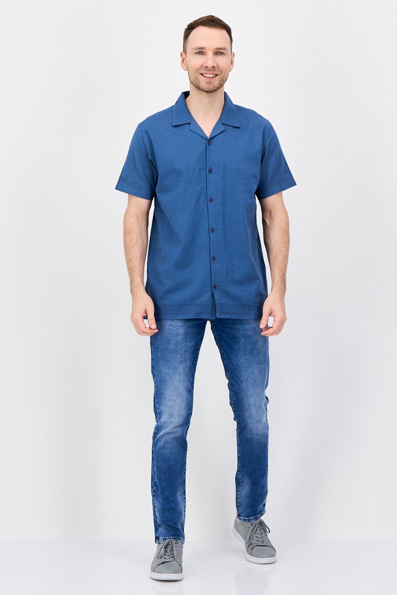 Threadbare Men Regular Fit Short Sleeve Embroidered Casual Shirt, Slate Blue - Image 3